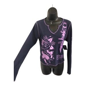 Ed Hardy purple‎ pink graphic print thermal knit v-neck tshirt top size XL new